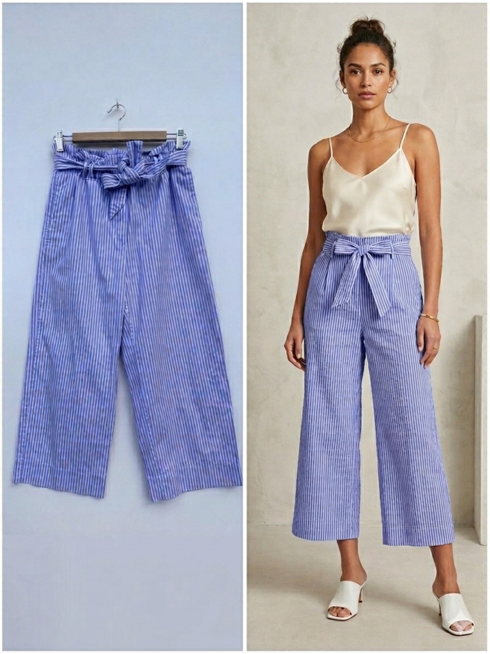 H&M Blue Striped Paperbag Waist Pants Size 4 Tie Belt Cropped Wide Leg